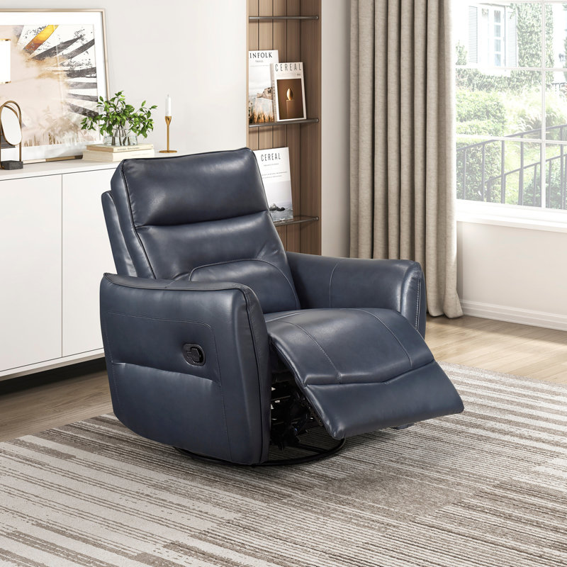 1Pc Recliner Chair With Swivel Motion Leather Upholstered Solid Wood Living Room Furniture, Blue
