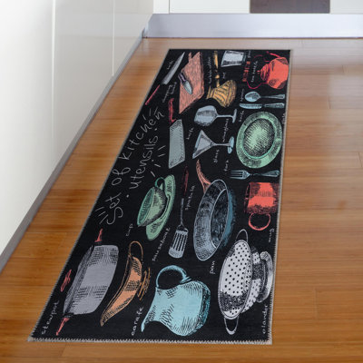 Wrinkle Free Flatweave Utensils Cotton Kitchen Runner Rug