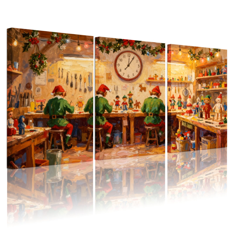Christmas Christmas Elves, atelier, ensemble de 3 reproductions d'art sur toile