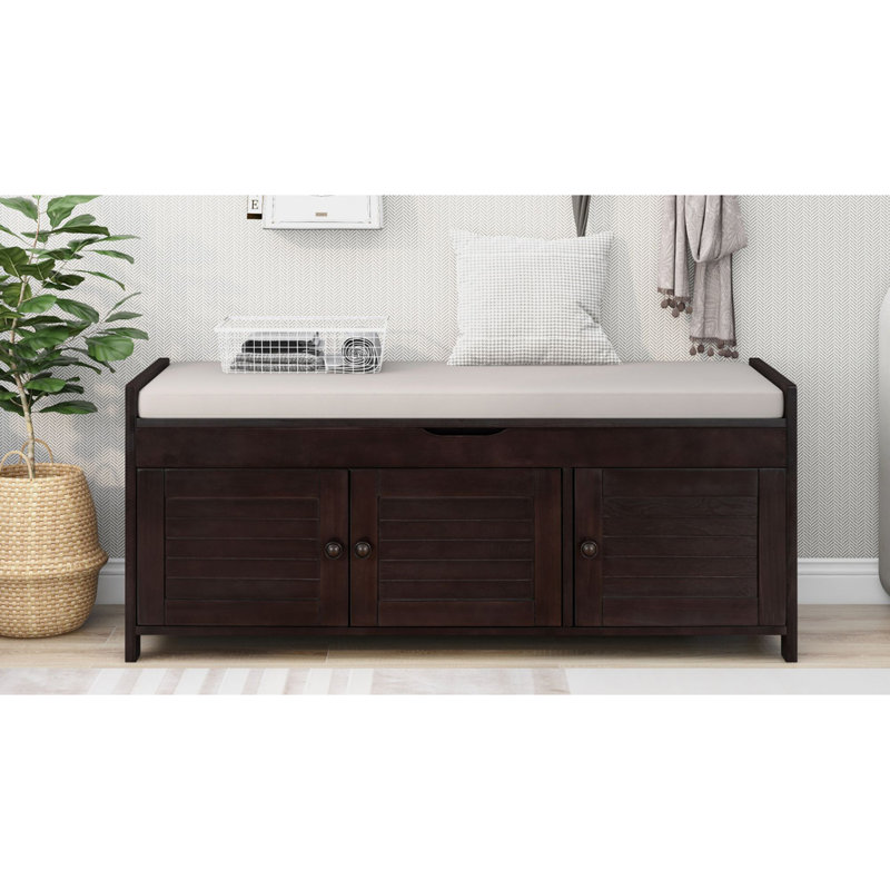 Banc de rangement avec 3 portes en forme de volet, banc à chaussures avec coussin amovible et espace de rangement caché