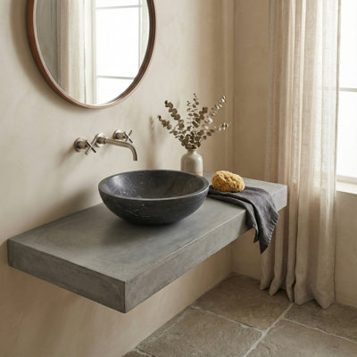 Luxury Dark Grey Natural Marble Vessel Sink , 15.8" Round Matte Finish Stone Basin, Solid One-Piece Carved, Above-Counter Vanity, Bowl For Bathroom & Spa (40Cmx15cm)