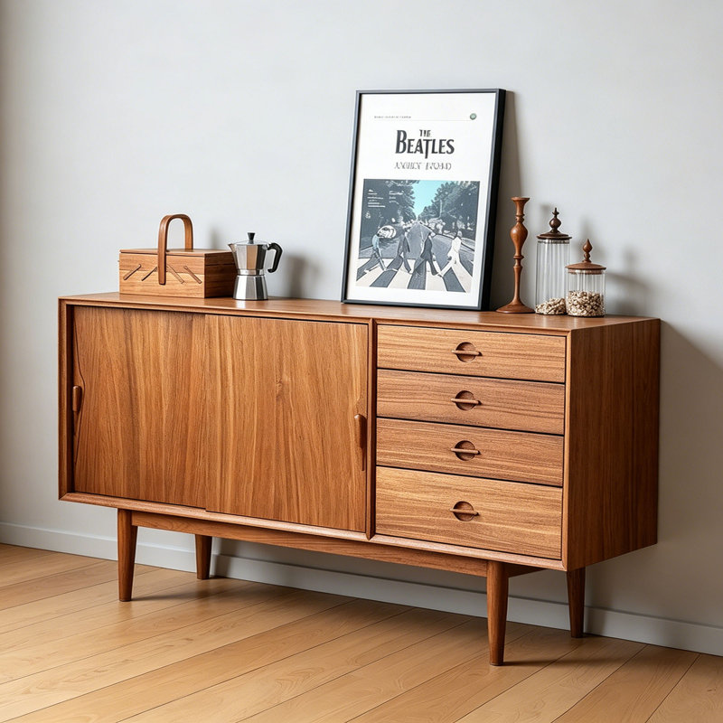 Buffet en teck de style simple et rétro, 33.85" H x 70.86" W x 15.74" D