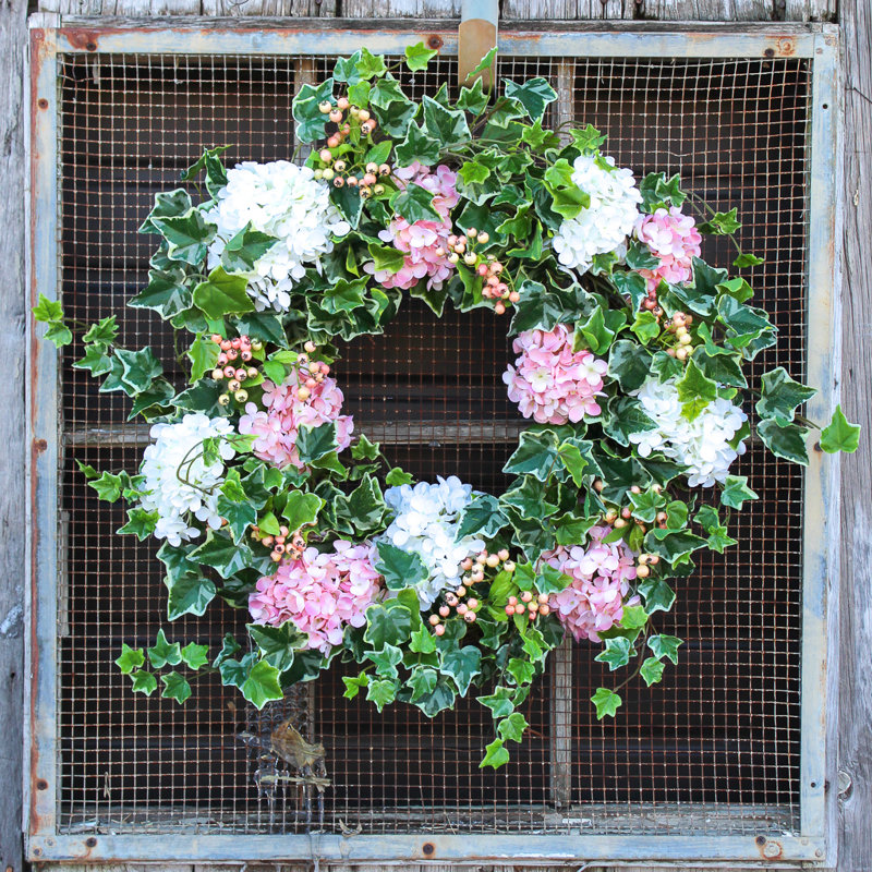 Couronne d'hydrangées en soie, H 30 po x L 30 po x P 5 po, Rose / vert