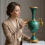 Emerald Green Porcelain & Bronze Vase, 29" Tall with Ornate Handles & Female Figures — Large Vintage-Style Statement Centerpiece for Living Room, Hallway & Dining Table