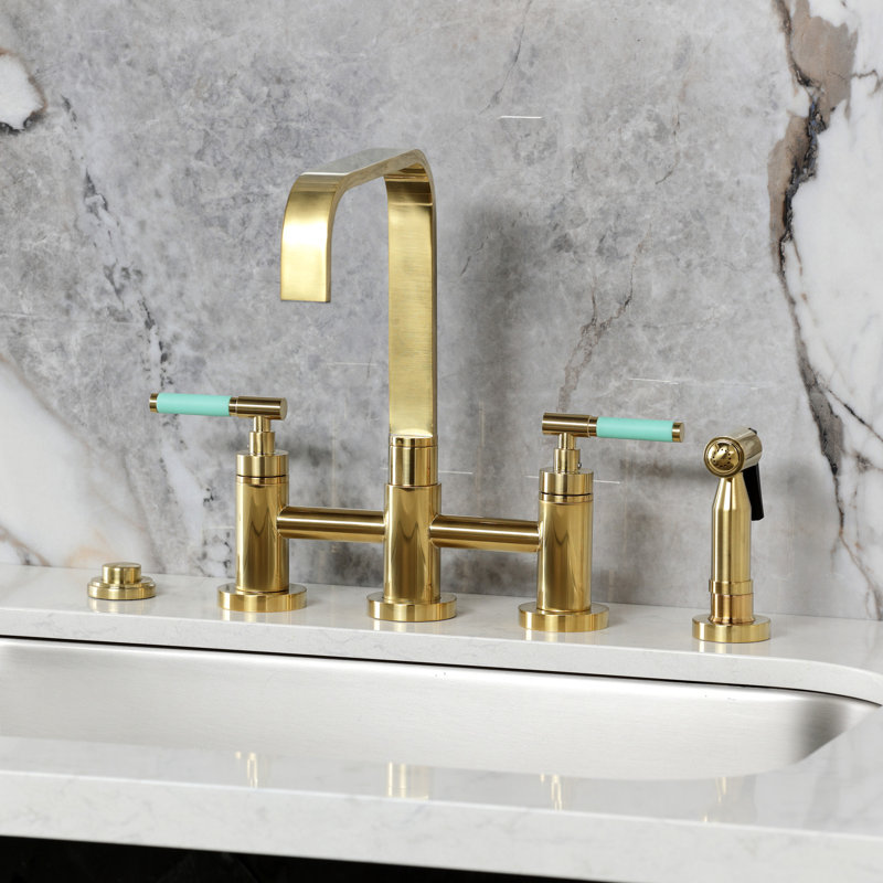 Kingston Brass Kaiser Two-Handle 4-Hole Deck Mount Bridge Kitchen Faucet with Brass Side Sprayer, Brushed Brass
