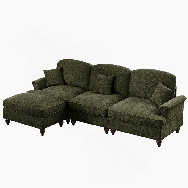 Canapé modulaire en forme de L à trois places Mid-Century avec accoudoirs évasés, volants amovibles et pieds fuselés, canapé en chenille confortable avec repose-pieds mobile
