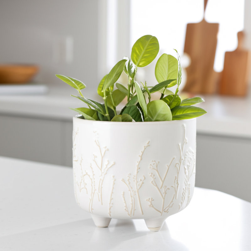 Stoneware Ceramic Planter With Raised Botanical Relief Design And Tripod Base - Durable Contemporary Decorative Pot For Indoor Accent Display