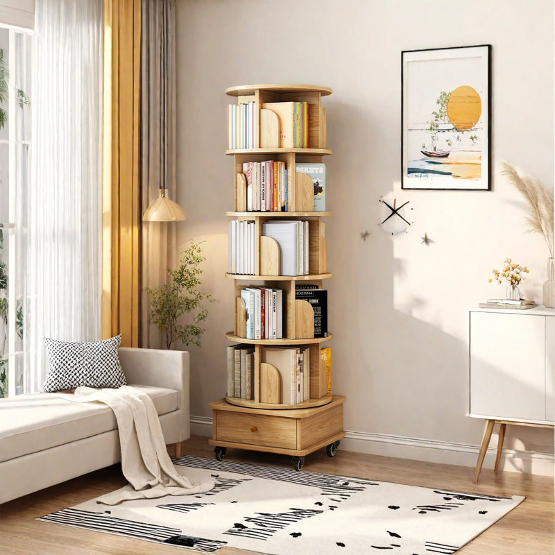 360° Rotating Bookshelf with Wheels Space-Saving Multi-Tier Spinning Bookcase Organizer Modern Display Shelf for Small Spaces Living Room Bedroom Office