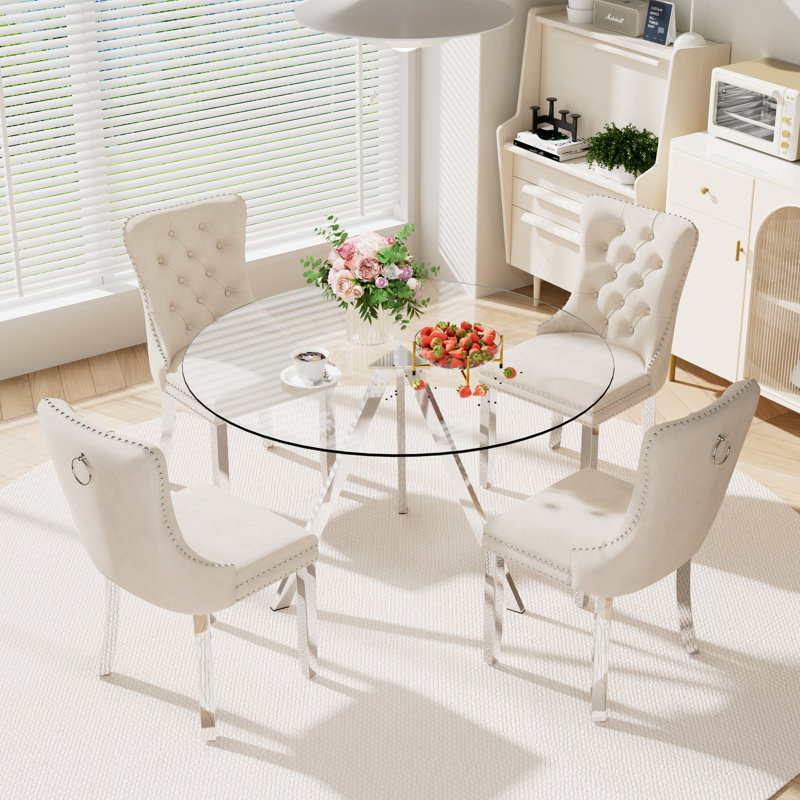 Round Dining Table Set for 4, Beige, 30" H x 47" W x 47" D