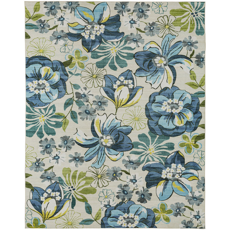 Blue and Green Floral Synthetic Rectangular Area Rug