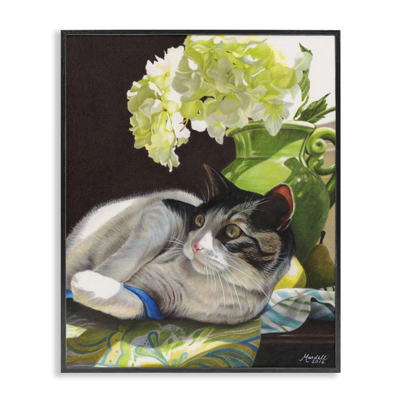 Chat et ruban bleu par Mardell Schuster, Giclée encadrée noir minuit, H 14 po x l 11 po