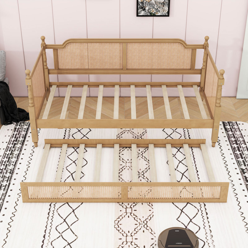 Wood Daybed with Rattan Headboard and Trundle, Twin, Antique Walnut