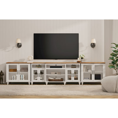 Meuble télé, centre de divertissement à domicile, centre de divertissement avec armoire de rangement, grande console de télévision avec 4 portes en verre, blanc