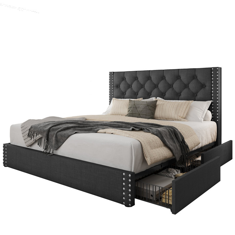 Lit plateforme tapissier avec rangement Kevyon, Gris, Lit double