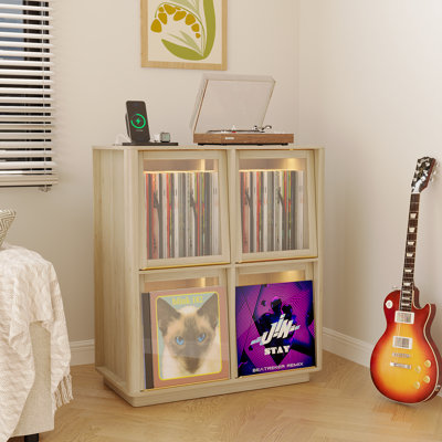 Armoire de rangement multimédia avec portes en acrylique transparent, étagère pour disques vinyles et CD, console multimédia autoportante pour le salon