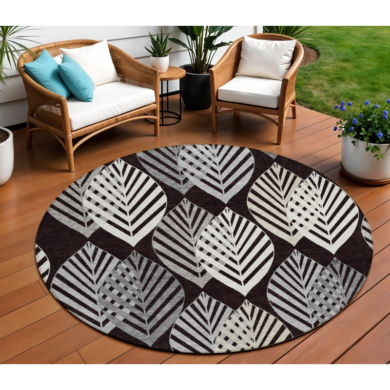 Tapis extérieur rond lavable floral noir et gris 8 pi