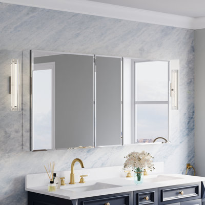 Ensemble miroir de salle de bain encastré ou en saillie, 60 po L x 30 po H, avec armoire à pharmacie biseautée et étagères en verre ajustables