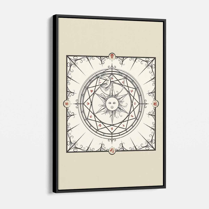 «Hypoluxo beige alchimie, cercle magique», impression sur toile, H 16 po x l 12 po, Cadre noir