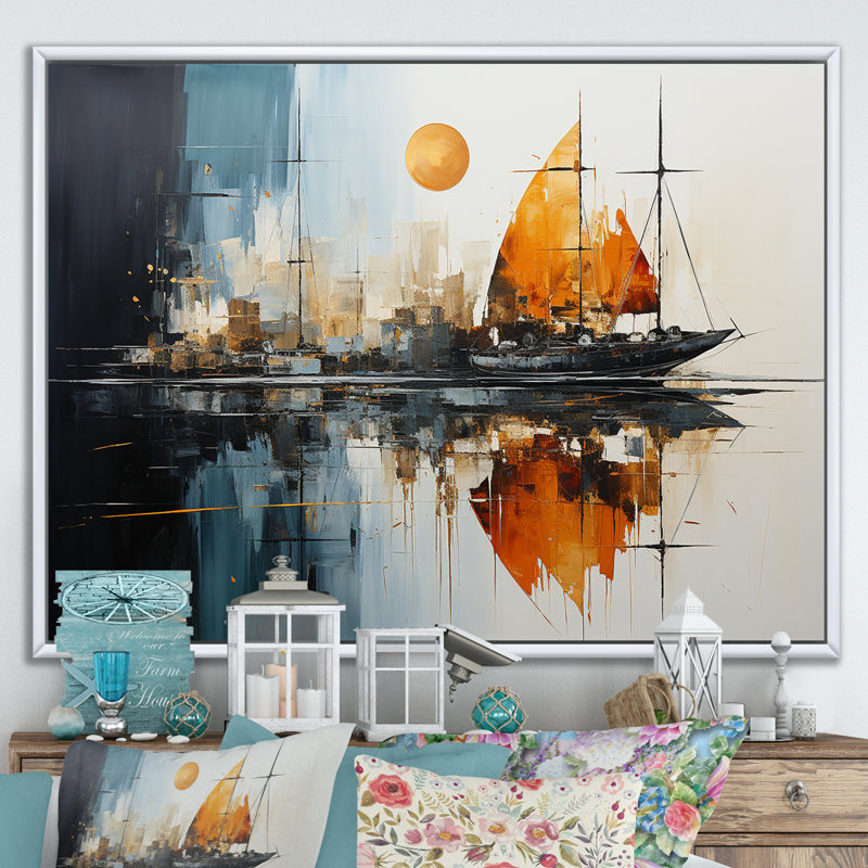 «Moonlight Saiboat Collage Horizon III - Bateau à voile, art mural», Cadre flottant blanc, H 12 po x l 20 po x P 1 po