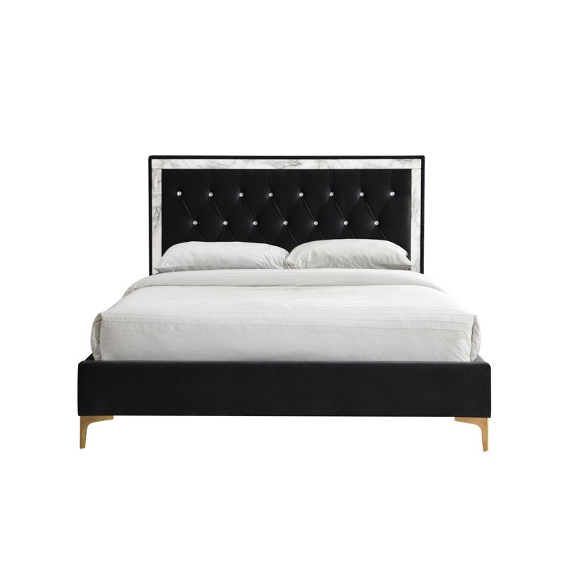 Black Tufted Upholstered King Bed with Faux Marble Trim