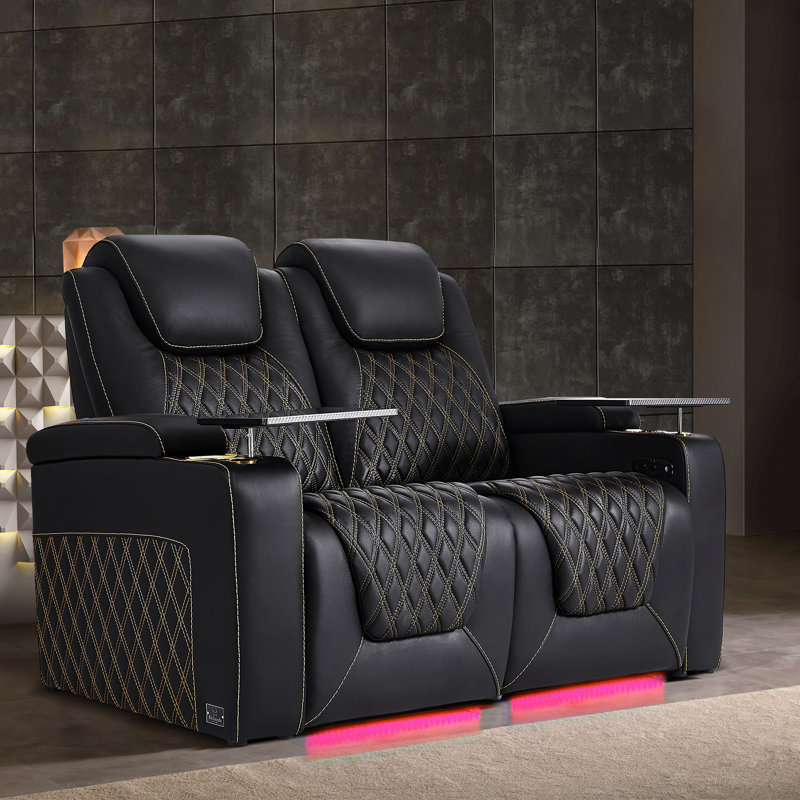 Top Grain Leather Home Theater Seating 7 Color Ambient Lighting Row Of 2 Loveseat, Black