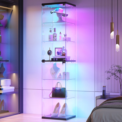 Vitrine en verre avec lumières RVB, vitrine à 6 niveaux avec détecteur de mouvement et serrure
