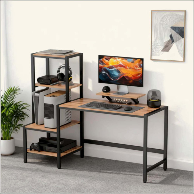 Reversible Computer Desk With Monitor Stand And 4-Tier Storage Shelf For Home And Office | Gift Idea