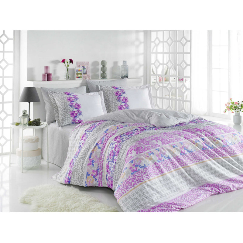 Ensemble de housse de couette en popeline de qualité supérieure, gris, blanc et lilas, grand (63 x 87) | 100% coton, densité de tissage 152 | Comprend une housse de couette (63 x 87), un drap plat (63 x 94), 1 taie d'oreiller (20 x 28) | Lavable à la 