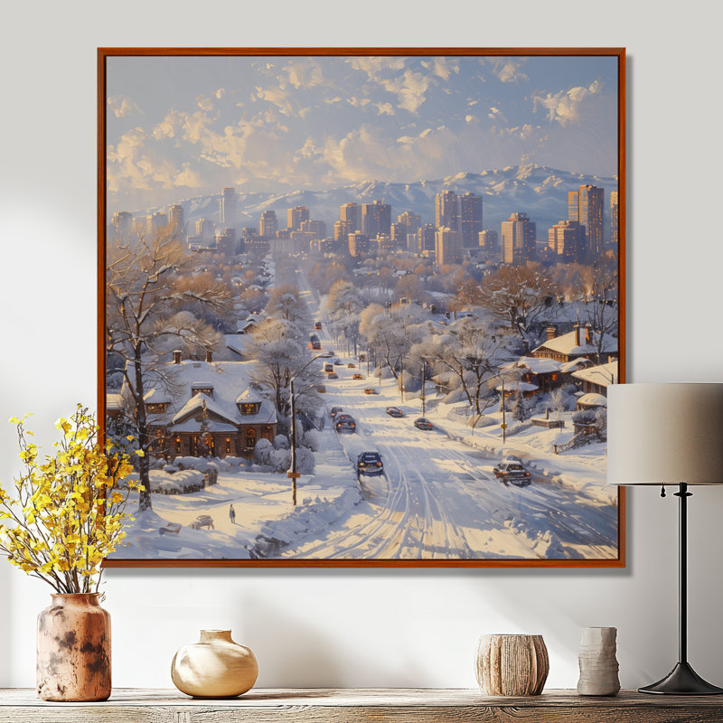 Blanc et gris Calgary Winter Morning II - Canada Wall Art Living Room, Toile avec cadre flottant brun