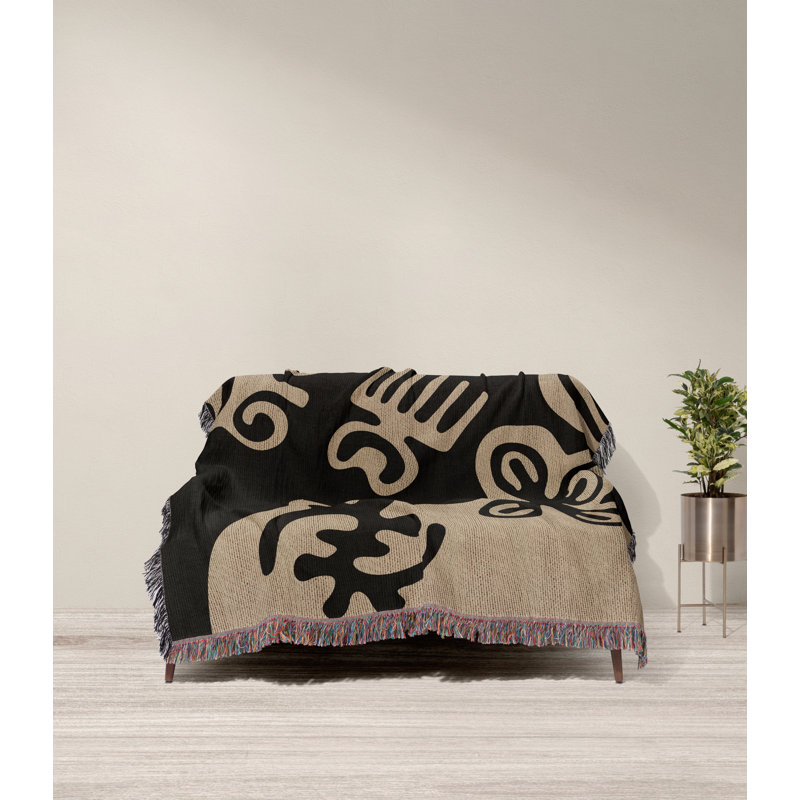 Couverture 100% coton African Tribal, Jeté, Noir / Beige