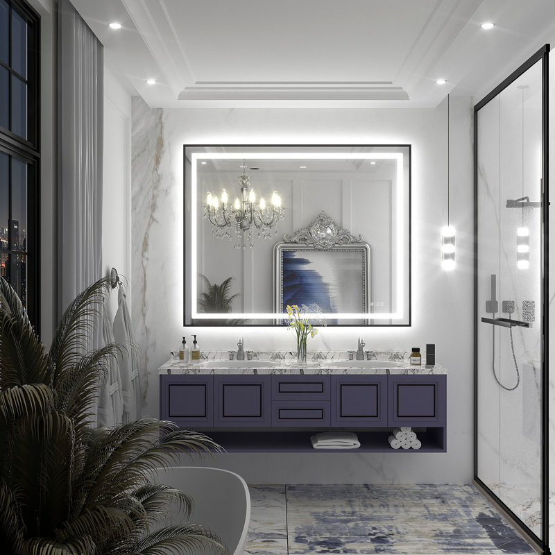 Miroir de salle de bain / meuble-lavabo à cadre en verre trempé à DEL certifié anti-buée Wayfair Basics®, 48 po x 38 po