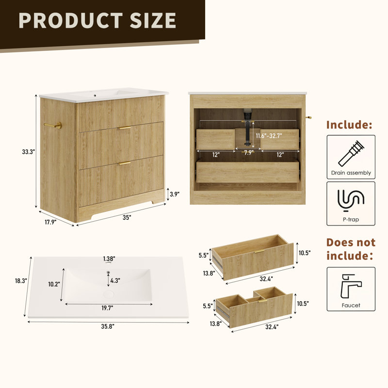 35" Fluted Bathroom Vanity With Sink And Drain Pipe, 2 Drawers ,Natural Oak