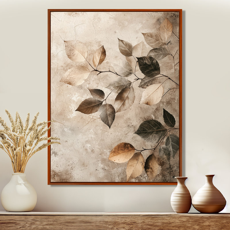 Taupe feuilles mosaïque collage IV - feuilles, art mural, H 32 po x l 16 po, Impression encadrée, Brun