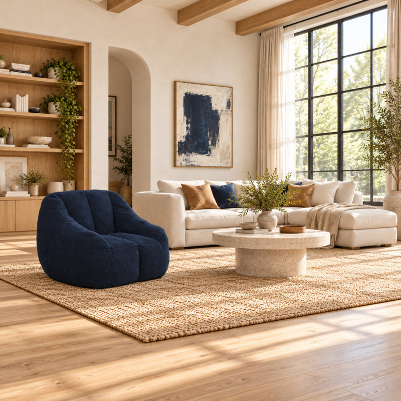 Compression 37"W Soft Teddy Fabric Tufted Memory Sponge Foam Filled Bean Bag Chair, Blue Teddy