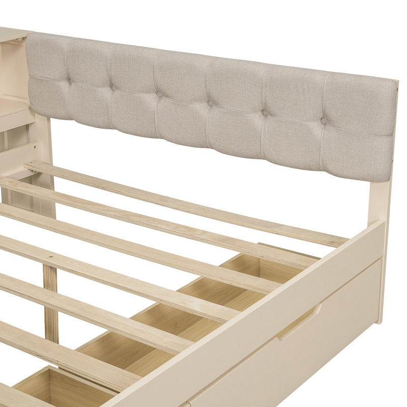 Lit plateforme double en bois avec tablettes de rangement, tiroirs, station de charge et tête de lit tapissier, crème, Double