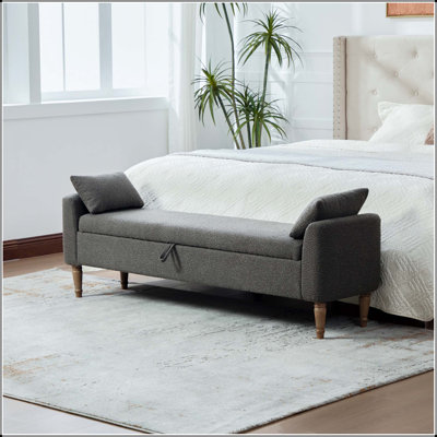 66" Boucle Fabric Flip-Top Storage Bench with Armrests & Bolster Pillows