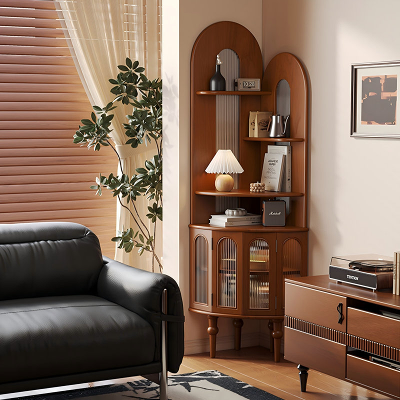 Solid Wood Boxwood Figured glass brown Corner Cabinet