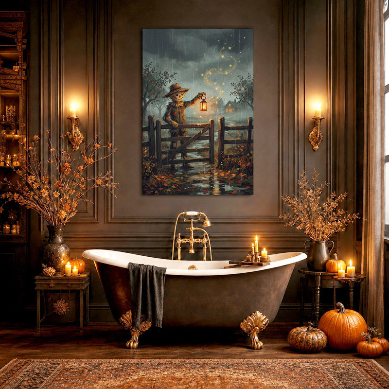 Épouvantail avec lanterne à Rainy Gate, toile murale d'Halloween, 18"H x 12"W