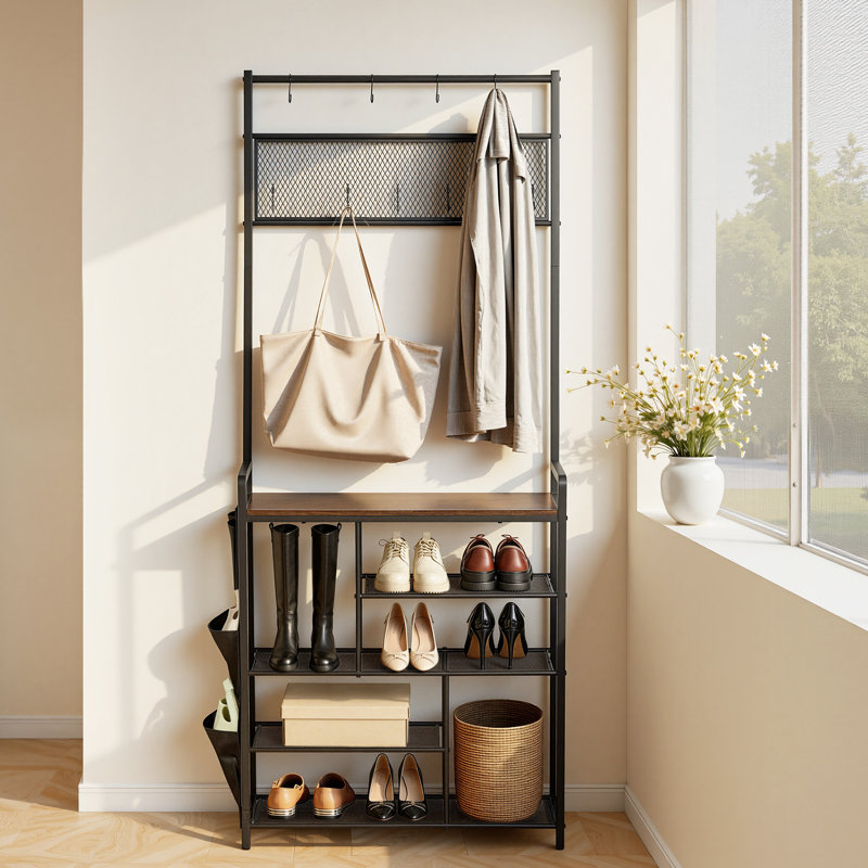 Hall Tree, 70.9 in Coat Rack with Shoe Storage, Freestanding 4-Tier Shoe Rack Organizer with Hooks, Side Pocket and Wire Shelf, Steel Frame Entrance Coat Holder for Entryway, Bedroom, Closet