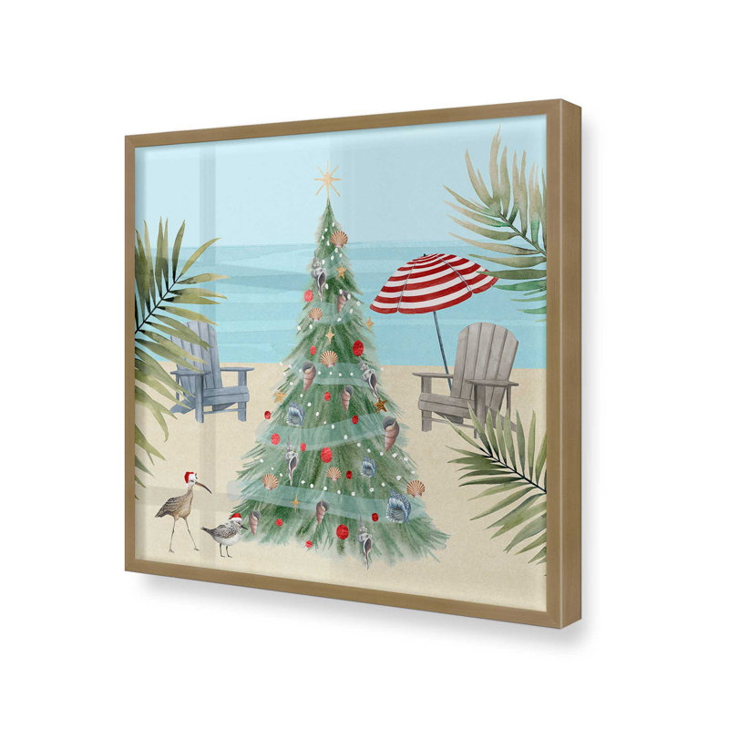 Imprimé Beachside Christmas II, H 13,75 po x l 13,75 po x P 1,25 po, Cadre simple brossé doré