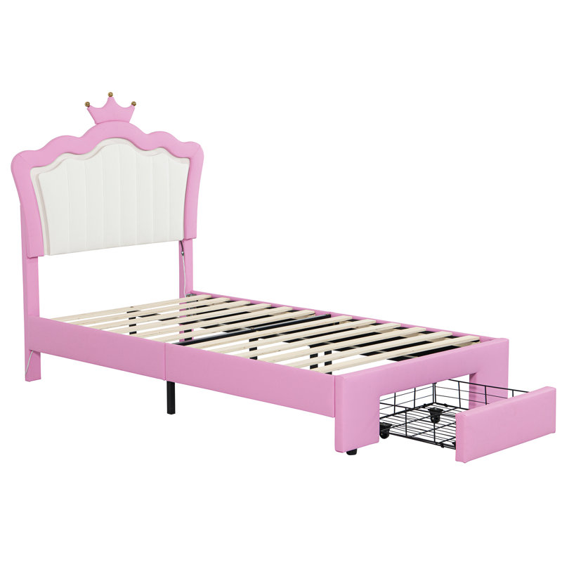 Lit plateforme tapissier simple avec DEL, tête de lit couronne, rose + blanc, stable et calme