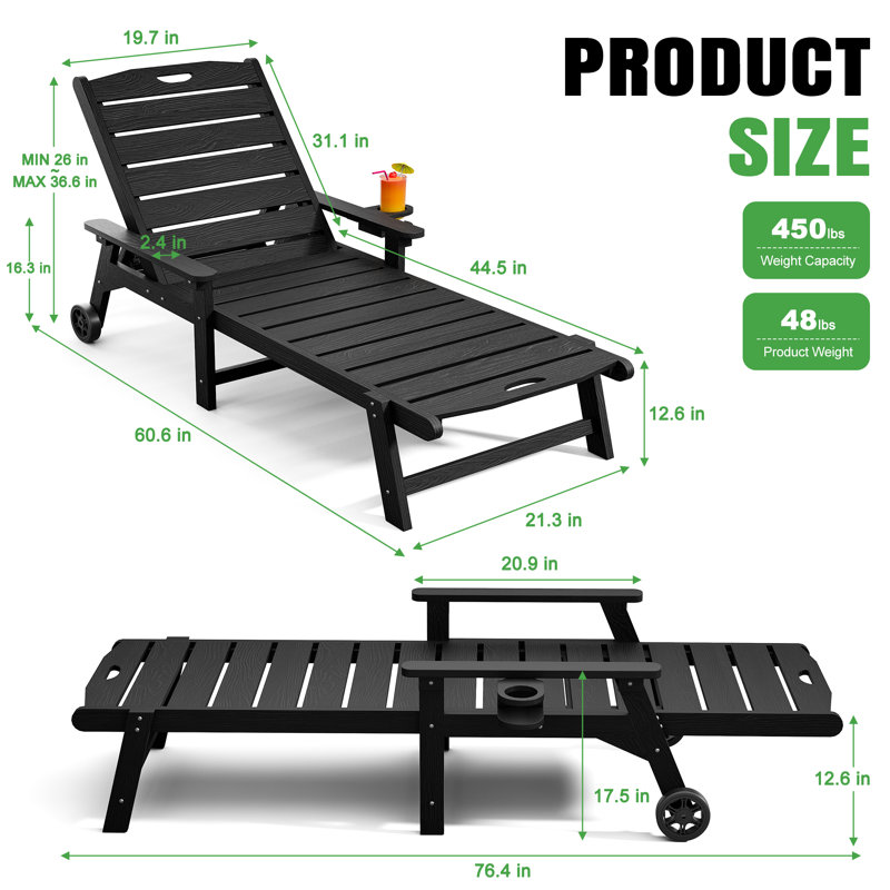 HDPE Chaise Lounges – Adjustable 5-Position Outdoor Recliners with Wheels & Cup Holders, Weather-Resistant for Patio, Pool, Garden, Black, Set of 2
