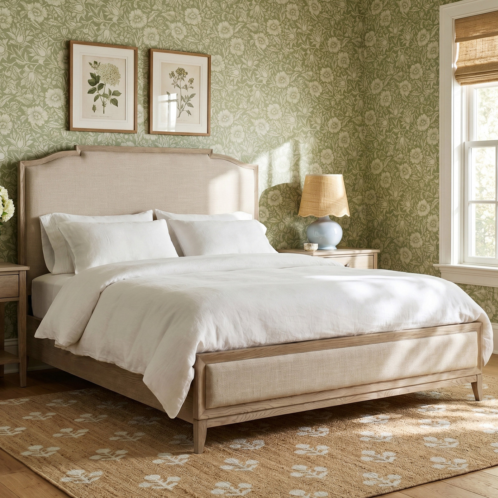 Nadine Upholstered Oak Bed, Queen