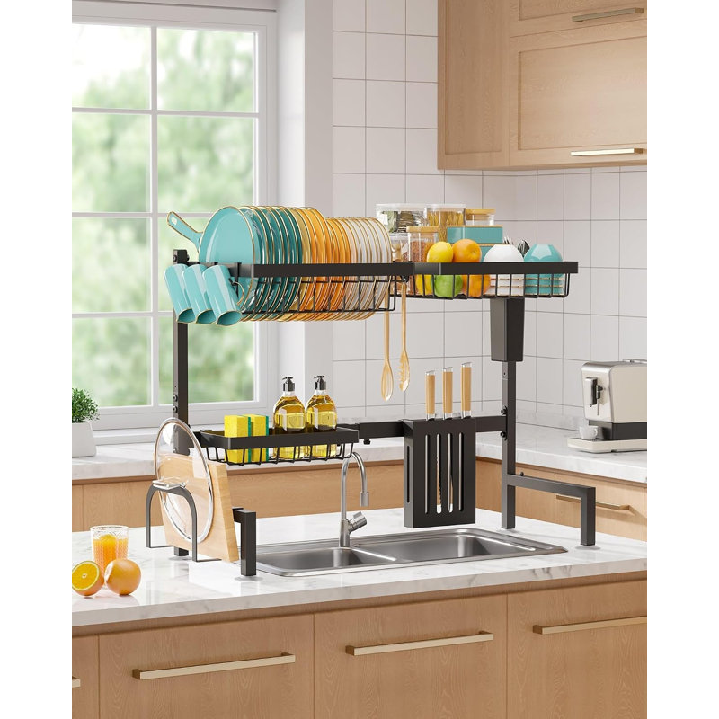 Over The Sink Dish Drying Rack - Adjustable 2 Tier Large Capacity Stainless Steel Drainer with Cutlery & Utensil Holders, Kitchen Storage & Organization