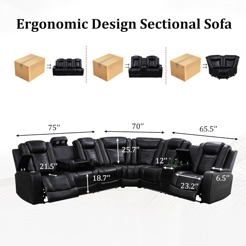 Airflow Leather 3-Piece Reclining Sofa Set With Wireless Charging & Center Console, Black Faux Leather