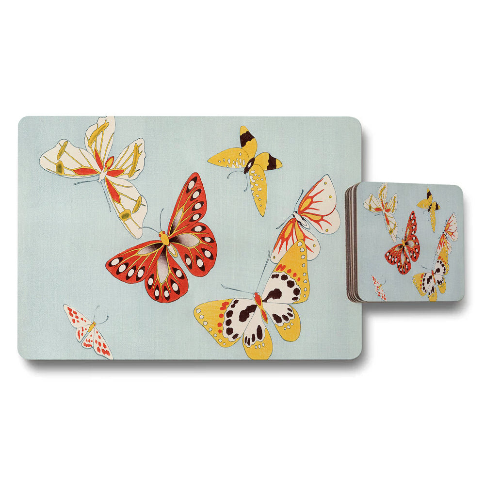 Butterfly Placemats And Coaster Set With Soft Blue Background