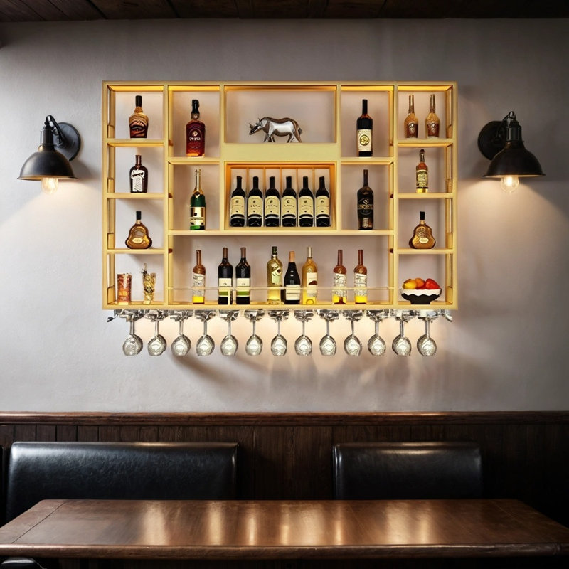 Lacquered Wall Mounted Wine Rack, 47.2" H x 78.7" W x 7.8" D, Gold