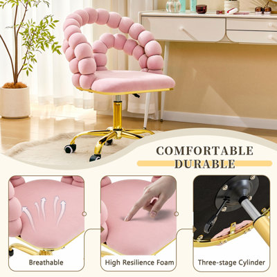 Fauteuil de bureau en velours pivotant avec dossier à bulles, fauteuil de coiffeuse mignon à hauteur réglable avec base dorée et roulettes pour la chambre à coucher et la salle de maquillage.