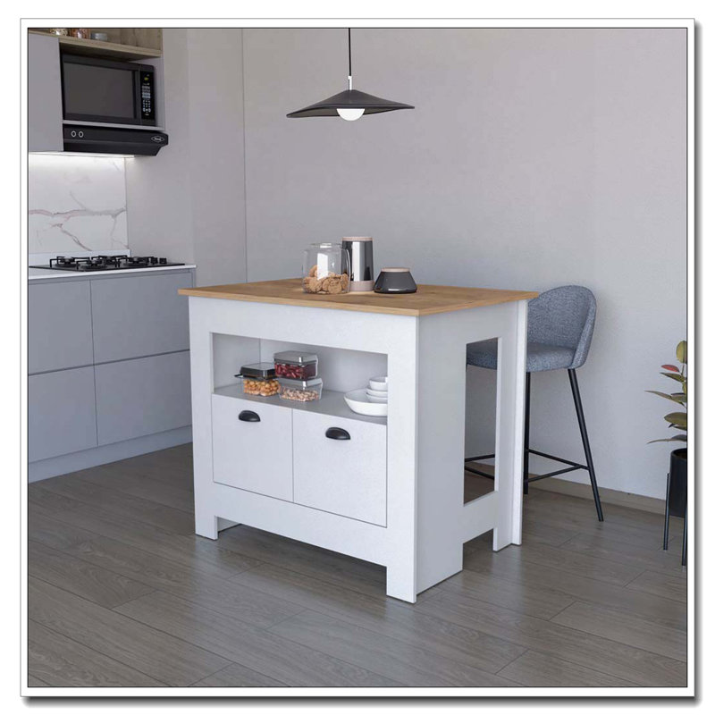Îlot de cuisine 2 portes blanc, Blanc / Chêne clair