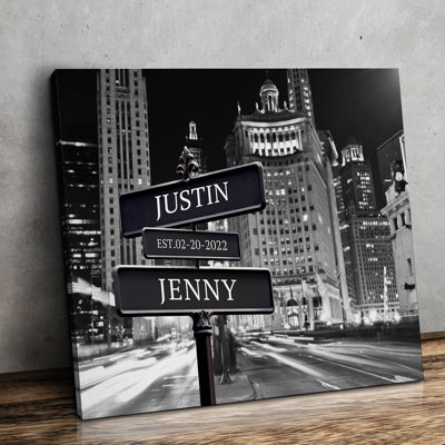 Personalized Street Sign Canvas Wall Art with Custom Names & Date â€“ Chicago City Lights Skyline, Modern Anniversary or Wedding Gift